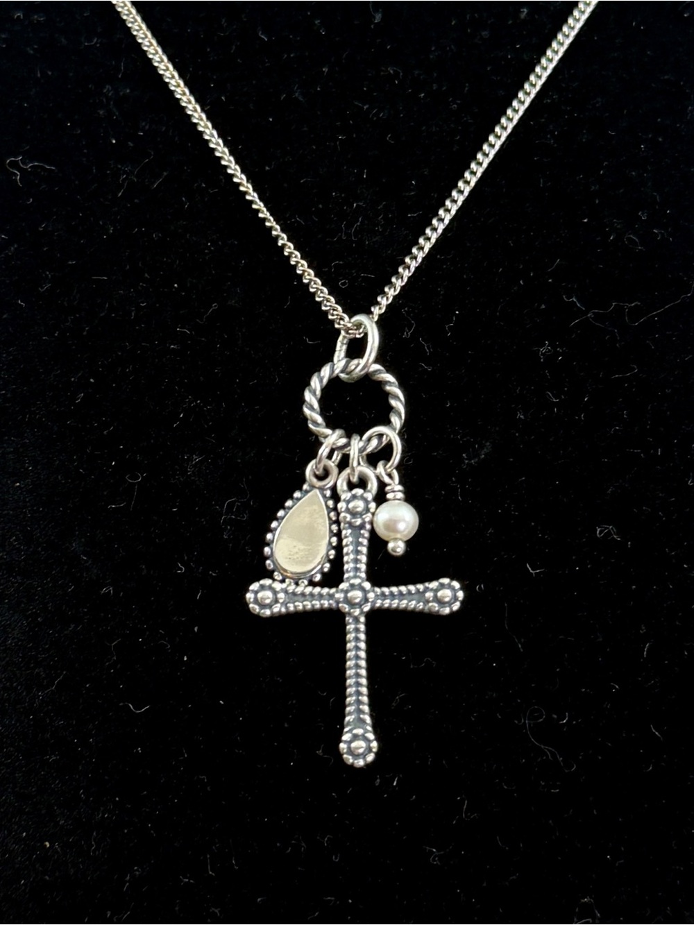 JAMES AVERY Sterling Silver Flower Bud Cross Pearl Bead Pendant Necklace RETIRED
